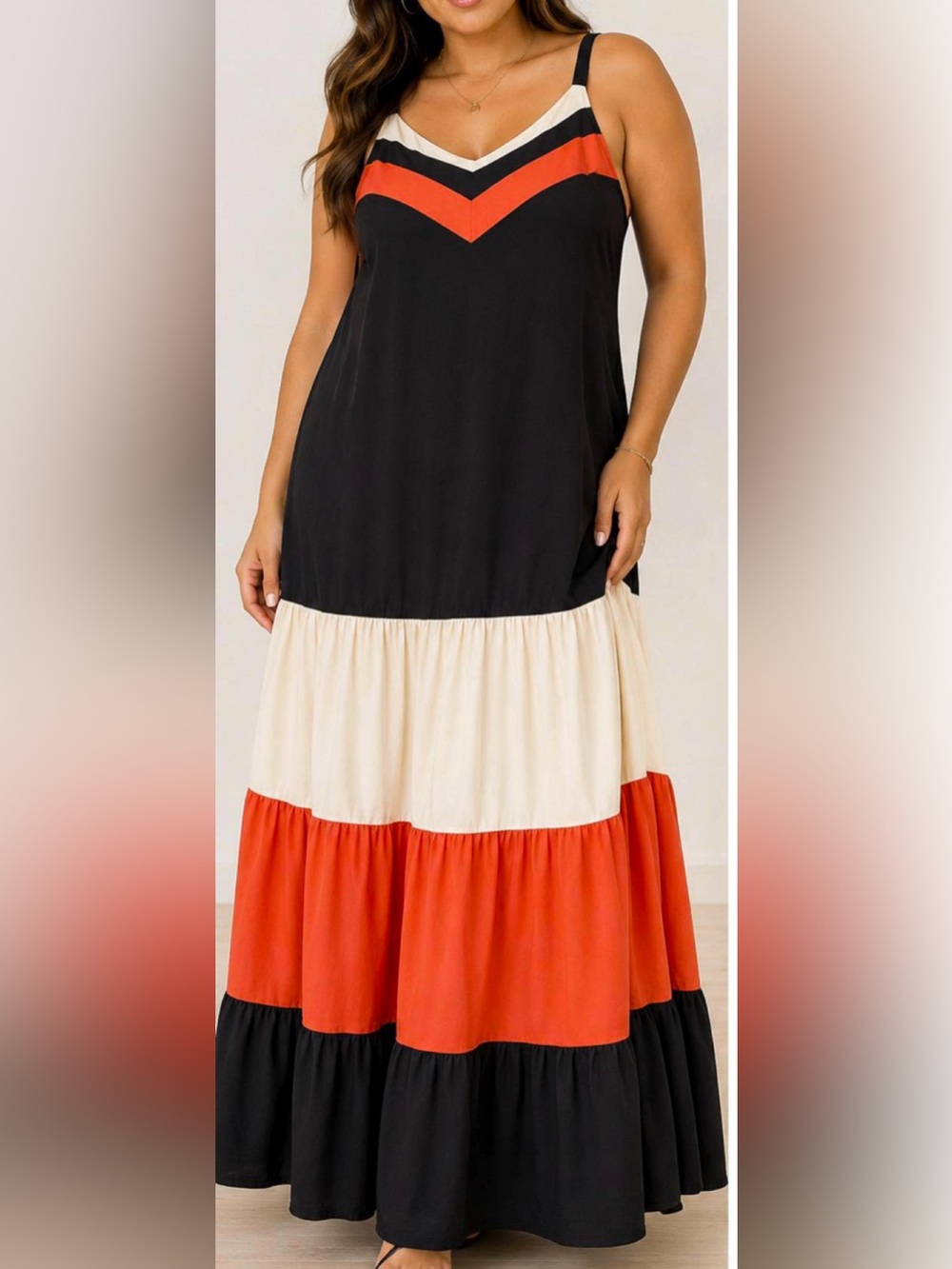 Colorblock Tiered Maxi Dress - Black, Cream & Red L New without Tag)